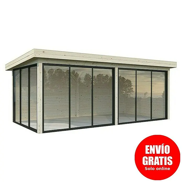 Palmako Caseta de jardín Lenna Set 702 Slide Plus - Medidas ext. (An x Pr): 628 x 340 cm, Madera, Natural - Una caseta de jardín moderna con frontal de vidrio y estructura de madera clara, que ofrece un espacio lleno de luz.