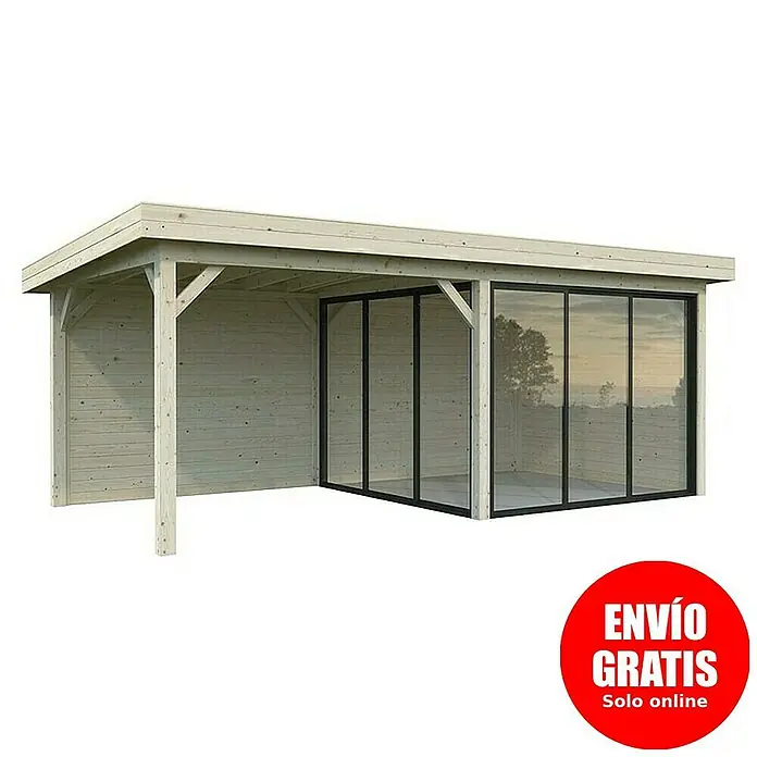 Palmako Caseta de jardín Lenna Set 705 Slide Plus - Medidas ext. (An x Pr): 628 x 340 cm, Madera, Natural - Imagen de una caseta de jardín moderna con puertas correderas. La casa de madera ofrece un espacio exterior luminoso y acogedor.