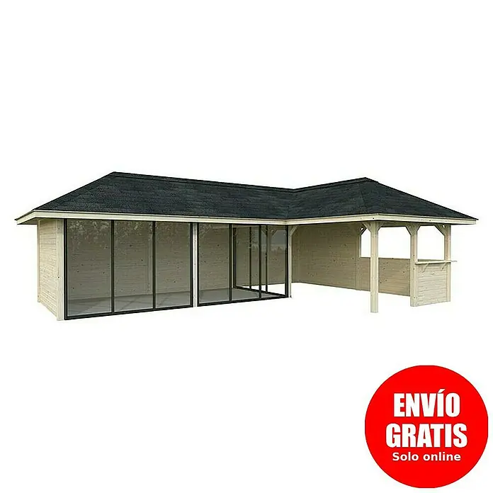 Palmako Caseta de jardín Bianca Set 520 Slide Plus - Medidas ext. (An x Pr): 960 x 672 cm, Madera, Natural - Imagen de una glorieta con frente de vidrio y una pequeña zona de bar. El techo es negro y la madera es clara.
