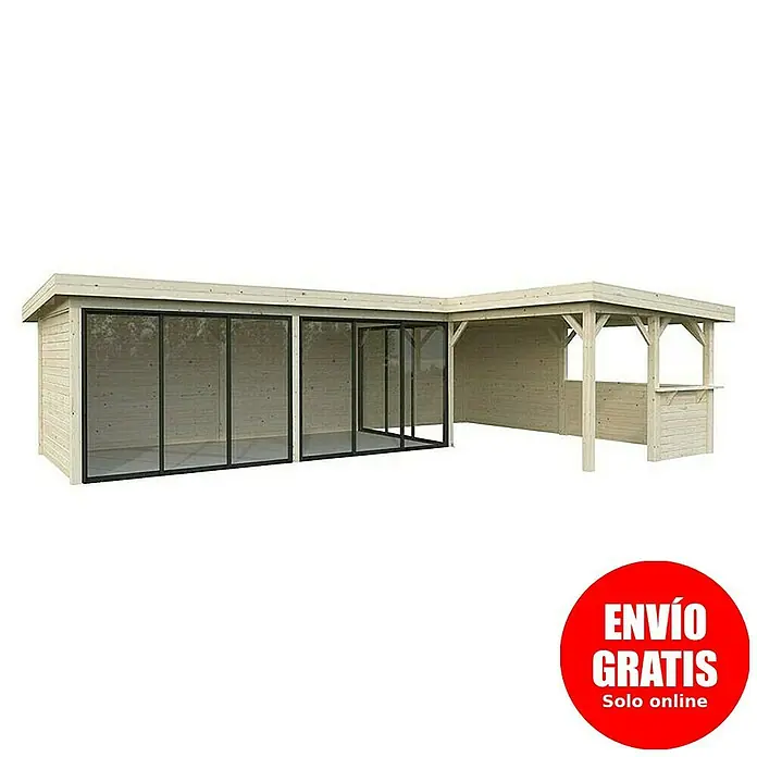 Palmako Caseta de jardín Lenna Set 720 Slide Plus - Medidas ext. (An x Pr): 916 x 628 cm, Madera, Natural - Imagen de una moderna caseta de jardín de madera con fachada de cristal y zona de cenador integrada para relajarse al aire libre.