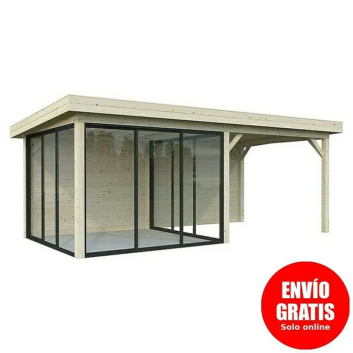 Palmako Caseta de jardín Lenna Set 406 Slide - Medidas ext. (An x Pr): 628 x 340 cm, Madera, Natural - Imagen de una caseta de jardín con puertas correderas de vidrio y un dosel. Ideal para relajarse al aire libre.