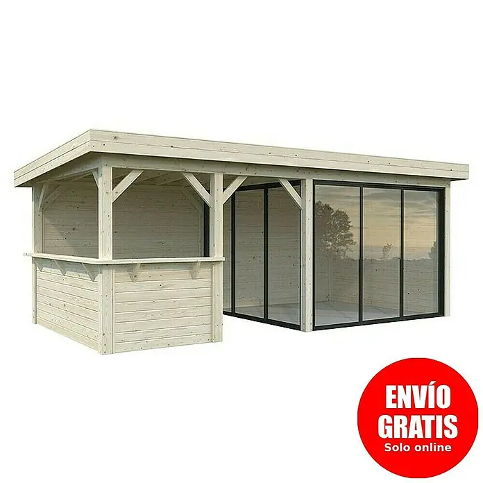 Palmako Caseta de jardín Lenna Set 707 Slide Plus - Medidas ext. (An x Pr): 628 x 340 cm, Madera, Natural - Imagen de un pabellón de madera con barra y ventanas correderas para uso exterior.
