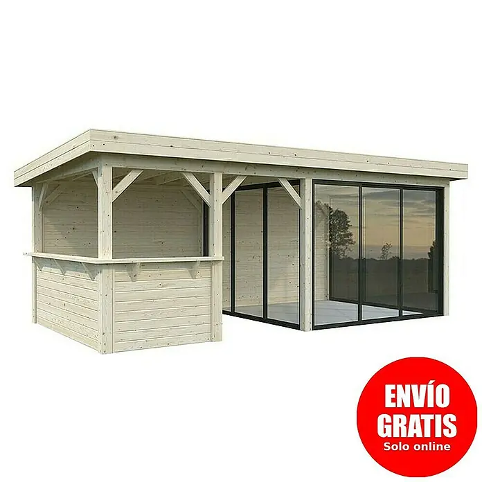 Palmako Caseta de jardín Lenna Set 408 Slide - Medidas ext. (An x Pr): 628 x 340 cm, Madera, Natural - Caseta de jardín de madera con bar y acristalamiento, ideal para la relajación y el entretenimiento al aire libre. Un atractivo elegante para cualquier jardín.