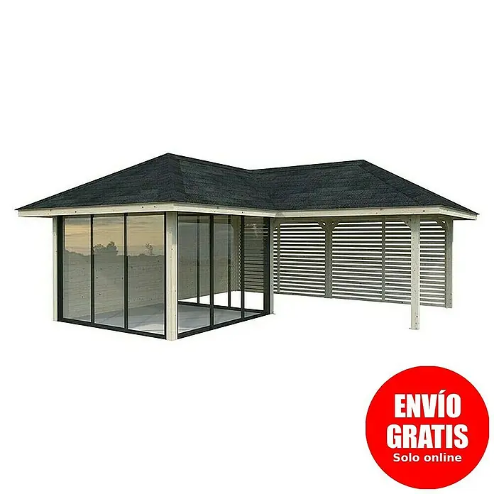 Palmako Caseta de jardín Bianca Set 511 Slide Plus - Medidas ext. (An x Pr): 672 x 672 cm, Madera, Natural - Imagen de un cenador de jardín con paredes de cristal y listones, ideal para espacios exteriores.