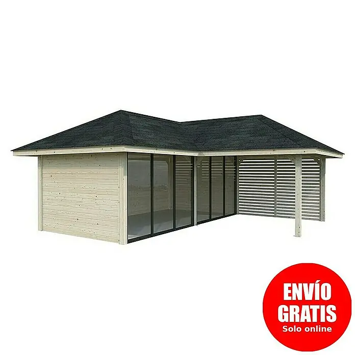 Palmako Caseta de jardín Bianca Set 213 Slide - Medidas ext. (An x Pr): 672 x 672 cm, Madera, Natural - Un espacioso pabellón con revestimiento de madera, frentes de vidrio y un techo inclinado proporciona un complemento elegante para cualquier jardín.