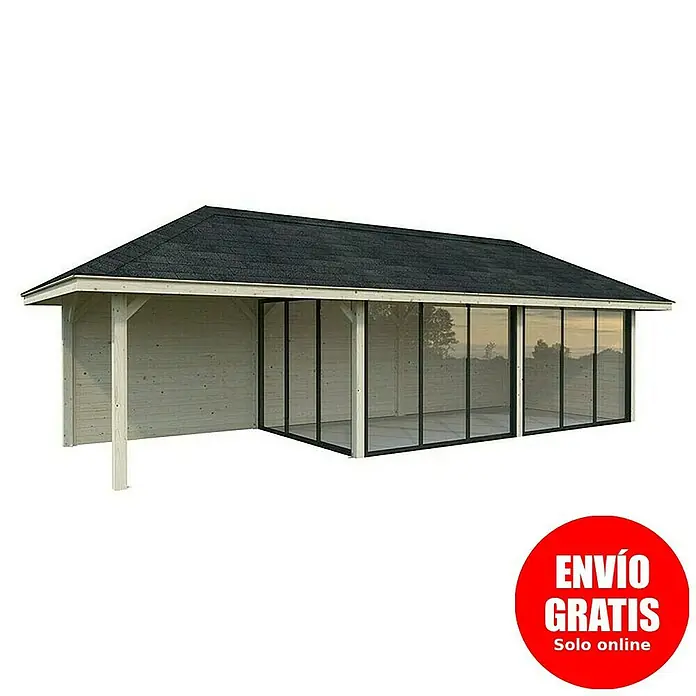 Palmako Caseta de jardín Bianca Set 517 Slide Plus - Medidas ext. (An x Pr): 960 x 384 cm, Madera, Natural - Imagen de un pabellón de madera con puertas correderas de cristal y techo negro. Perfecto para exteriores.