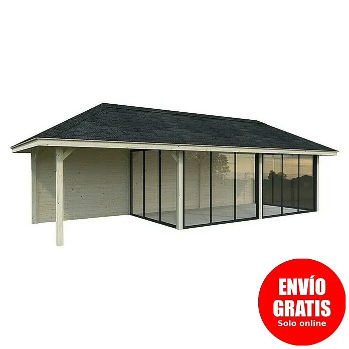 Palmako Caseta de jardín Bianca Set 518 Slide Plus - Medidas ext. (An x Pr): 960 x 384 cm, Madera, Natural - Una caseta de jardín moderna con fachadas de vidrio y un techo oscuro para una vida al aire libre elegante.