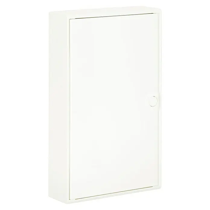 Hager Aufputz-Verteiler Volta VA36CN + Tür VA36T - Anzahl Reihen: 3 Stk., 30,5 x 51,5 cm, Rein­weiß - Ein weißer Medizinschrank mit einer Tür und einem runden Griff, der sich perfekt für die Aufbewahrung von Medikamenten eignet.