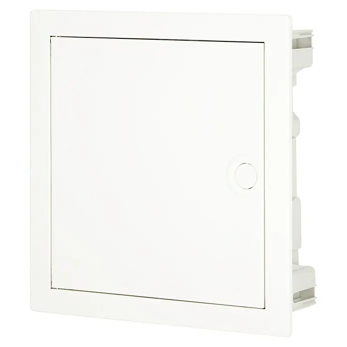 Hager Unterputz-Verteiler Volta VU12NC - Anzahl Reihen: 1 Stk., 34,8 x 35,6 cm, Weiß - Eine rechteckige, weiße Revisionsklappe mit einem minimalistischen Griff, ideal für unauffällige Installationen in Wänden oder Decken.
