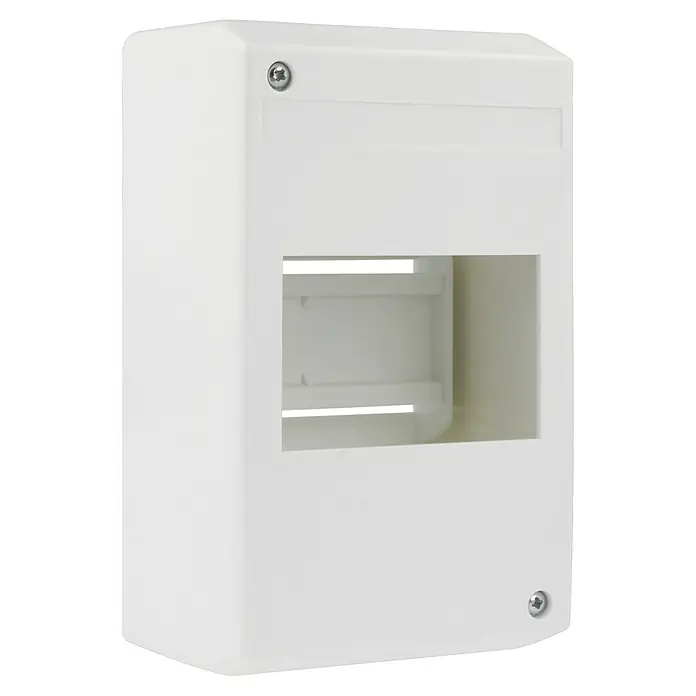F-tronic Automatenkasten - Anzahl Reihen: 1 Stk., 9,4 x 6,5 cm, Weiß, Anzahl Module: 4 Stk. - Nahaufnahme eines weißen Verteilerkastens mit Schrauben, der für elektronische Installationen verwendet wird.