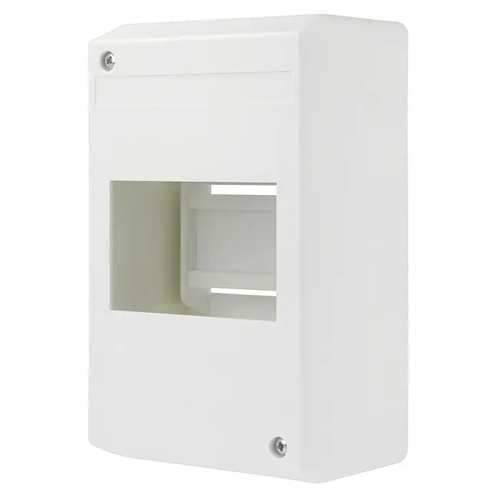 F-tronic Automatenkasten - Anzahl Reihen: 1 Stk., 9,4 x 6,5 cm, Weiß, Anzahl Module: 4 Stk. - Nahaufnahme einer weißen Aufputz-Unterverteilung mit Öffnung und Schrauben an den Ecken.