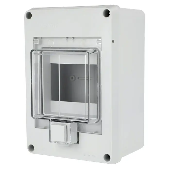 Aufputz-Verteiler - Anzahl Reihen: 1 Stk., 12,5 x 18 cm, Grau - Nahaufnahme eines weißen Kunststoff-Verteilerkastens mit transparentem Deckel. Ideal für elektrische Installationen.