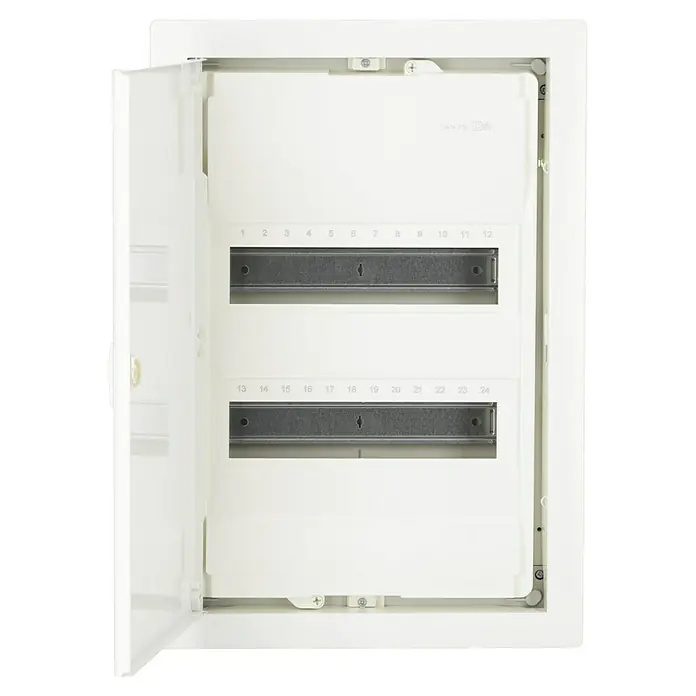 Hager Unterputz-Verteiler Volta VU24NC - Anzahl Reihen: 2 Stk., 34,8 x 50,55 cm, Weiß - Ein offener, weißer Sicherungskasten mit Platz für 24 Sicherungen, nummeriert von 1 bis 24.