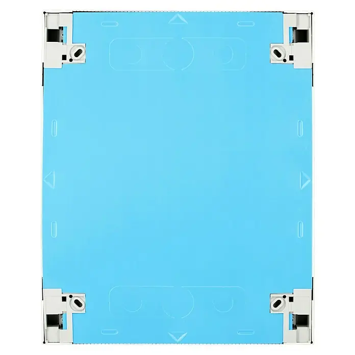 Gewiss Aufputz-Verteiler - Anzahl Reihen: 2 Stk., 30 x 37 cm, Weiß - Eine Aufsicht des quadratischen Montagekastens mit blauer Schutzfolie und weißen Eckbefestigungen.