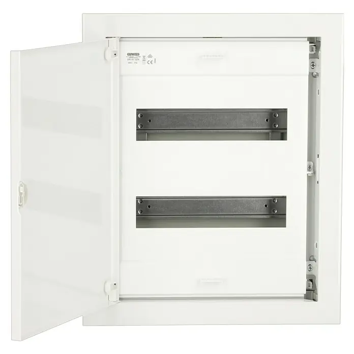 Gewiss Unterputz-Verteiler mit Tür - Anzahl Reihen: 2 Stk., 36,8 x 44,3 cm, Weiß - Eine geöffnete, weiße Verteilerkasten-Abdeckung, die die internen Montageelemente zeigt. Ideal für Elektronik und Heimwerkerprojekte.