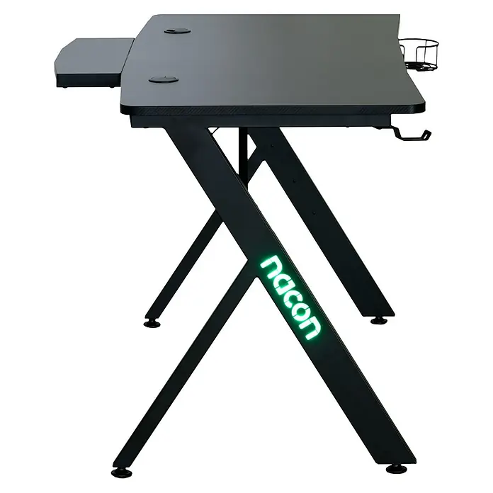 Nacon Mesa de escritorio PCGD-RGB - L x An x Al: 60 x 120 x 75 cm, Iluminación LED, Para Gamers - Escritorio gaming negro de Nacon con gestión de cables integrada y logotipo verde iluminado en la pata.