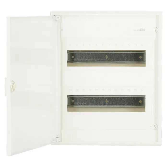 Hager Aufputz-Verteiler Volta VA24CN + Tür VA24T - Anzahl Reihen: 2 Stk., 30,5 x 37 cm, Rein­weiß - Geöffneter, leerer Sicherungskasten mit Beschriftungen von 1 bis 24, zur Installation von Sicherungen und Schutzschaltern in Hausinstallationen.