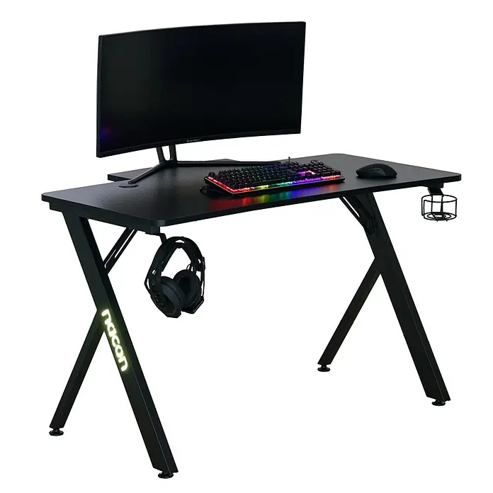 Nacon Mesa de escritorio PCGD-RGB - L x An x Al: 60 x 120 x 75 cm, Iluminación LED, Para Gamers - Un elegante escritorio de juego negro con iluminación RGB, completo con monitor, teclado y auriculares, diseñado para una experiencia de juego definitiva.
