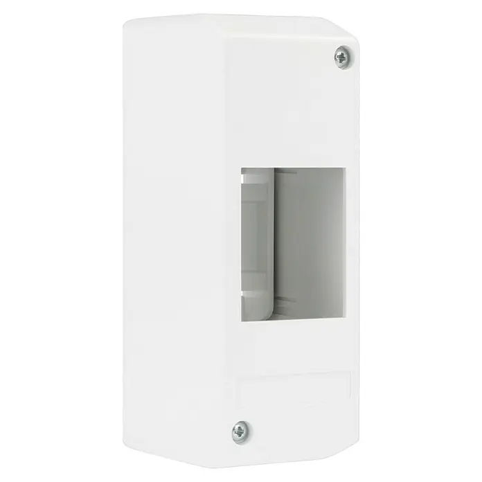 F-tronic Automatenkasten - Anzahl Reihen: 1 Stk., 5 x 6,5 cm, Weiß, Anzahl Module: 2 Stk. - Nahaufnahme eines weißen, rechteckigen Elektroinstallationskastens mit Schrauben an Ober- und Unterseite.