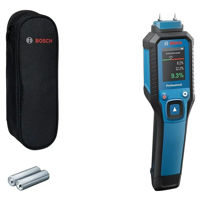 Bosch Feuchtigkeitsmessgerät GMP 1-13 - Messgenauigkeit: Umgebungstemperatur typisch: +/- 1 °C, Mit Batterien - Das Bild zeigt ein Bosch-Feuchtigkeitsmessgerät mit Zubehör, einschließlich Tasche und Batterien. Ideal zur präzisen Messung des Feuchtigkeitsgehalts von Holz.