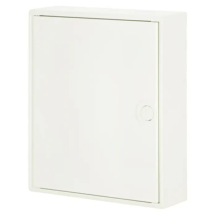 Hager Aufputz-Verteiler Volta VA24CN + Tür VA24T - Anzahl Reihen: 2 Stk., 30,5 x 37 cm, Rein­weiß - Hier ist ein weißer Metall-Wandschrank mit einer Tür und einem runden Griff, perfekt für die Aufbewahrung.