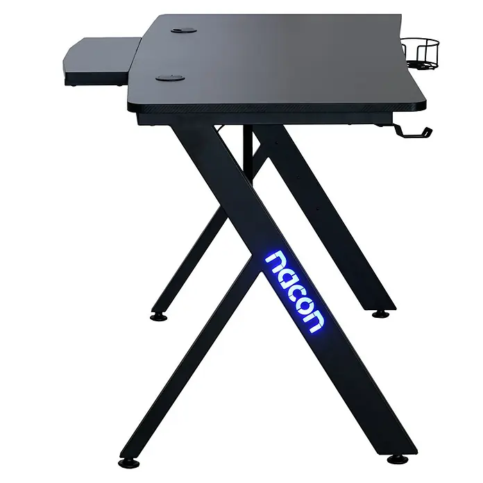 Nacon Mesa de escritorio PCGD-RGB - L x An x Al: 60 x 120 x 75 cm, Iluminación LED, Para Gamers - Primer plano de un escritorio gaming negro de Nacon con iluminación LED azul y patas en forma de Z.