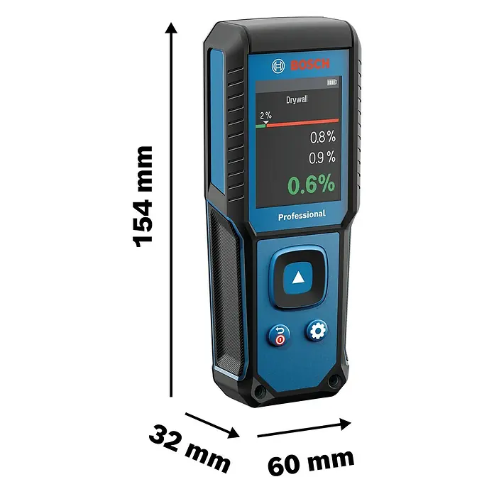Bosch Feuchtigkeitsmessgerät GMM 1-15 - Messgenauigkeit: ± 0,4 mm/m, Mit Batterien - Abbildung eines Bosch Professional Feuchtigkeitsmessgeräts mit Maßangaben zur Veranschaulichung der Produktabmessungen.
