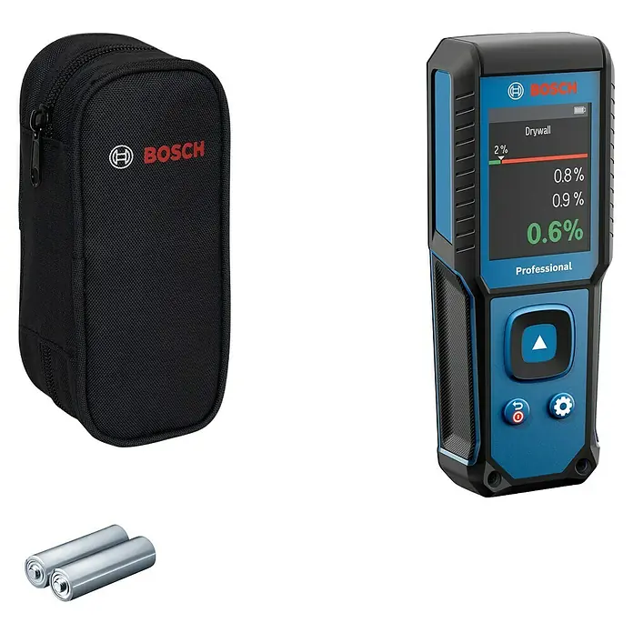 Bosch Feuchtigkeitsmessgerät GMM 1-15 - Messgenauigkeit: ± 0,4 mm/m, Mit Batterien - Bosch UniversalDetect Feuchtigkeitsdetektor mit Tasche und Batterien. Das Gerät zeigt Feuchtigkeitswerte für Trockenbauwände an.
