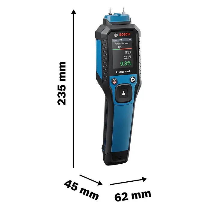 Bosch Feuchtigkeitsmessgerät GMP 2-15 - Messgenauigkeit: Umgebungstemperatur typisch: +/- 1 °C, Mit Batterien - Abmessungen des Bosch Universal Moisture Meter: 235 mm Höhe, 45 mm Breite und 62 mm Tiefe. Kompaktes und professionelles Feuchtigkeitsmessgerät.
