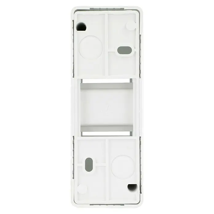 F-tronic Automatenkasten - Anzahl Reihen: 1 Stk., 5 x 6,5 cm, Weiß, Anzahl Module: 2 Stk. - Nahaufnahme der Rückseite einer weißen, rechteckigen Schalterabdeckung mit Löchern und internen Stützstrukturen.