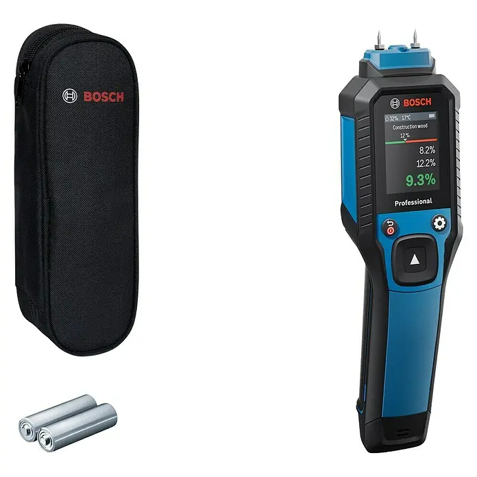 Bosch Feuchtigkeitsmessgerät GMP 2-15 - Messgenauigkeit: Umgebungstemperatur typisch: +/- 1 °C, Mit Batterien - Das Bild zeigt einen Bosch Feuchtigkeitsmesser mit Zubehör, inklusive Tasche und Batterien, vor einem schwarzen Hintergrund.