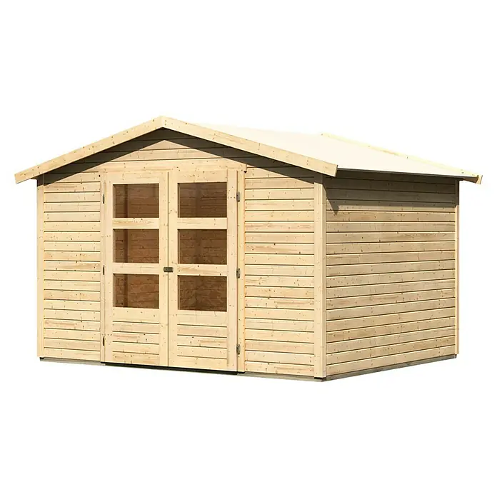 Karibu Gartenhaus Amberg - Außenmaß inkl. Dachüberstand (B x T): 272 x 282 cm, Holz, Natur - Ein großes Gartenhaus aus hellem Holz mit einer Doppeltür mit Fenstern, ideal für die Aufbewahrung von Gartengeräten und als Werkstatt.