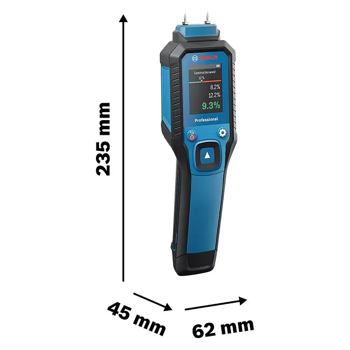Bosch Feuchtigkeitsmessgerät GMP 1-13 - Messgenauigkeit: Umgebungstemperatur typisch: +/- 1 °C, Mit Batterien - Abbildung eines Bosch Professional Holzfeuchtemessgeräts mit den Maßen 235 mm Höhe, 45 mm Breite und 62 mm Tiefe.