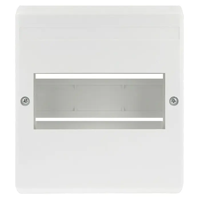 F-tronic Automatenkasten - Anzahl Reihen: 1 Stk., 14 x 6,5 cm, Weiß, Anzahl Module: 6 Stk. - Ein weißer Verteilerkasten mit einem rechteckigen Ausschnitt in der Mitte zur Installation von Elektrokomponenten.