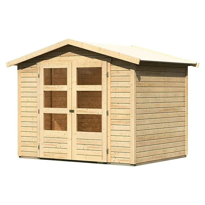 Karibu Gartenhaus Amberg - Außenmaß inkl. Dachüberstand (B x T): 272 x 210 cm, Holz, Natur - Abbildung eines Gartenhauses aus Holz mit Doppeltür und Fenstern.