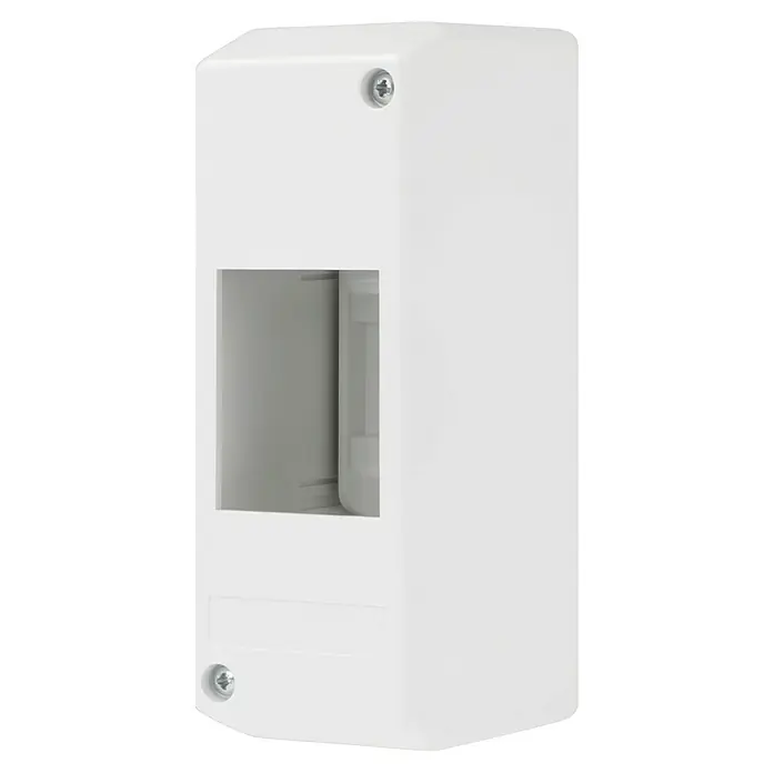 F-tronic Automatenkasten - Anzahl Reihen: 1 Stk., 5 x 6,5 cm, Weiß, Anzahl Module: 2 Stk. - Nahaufnahme einer weißen Anschlussdose mit Schrauben, die eine saubere elektrische Installation demonstriert.