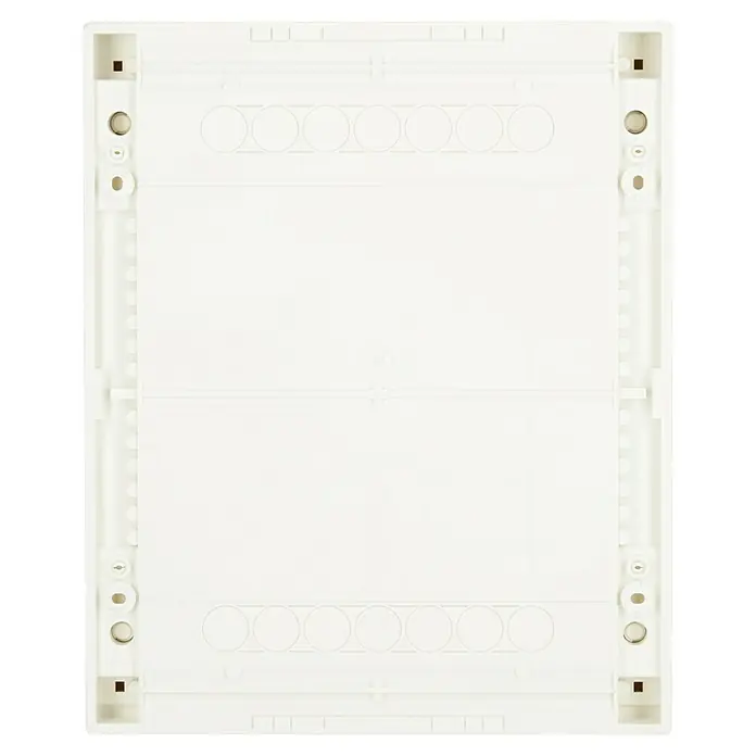 Hager Aufputz-Verteiler Volta VA24CN + Tür VA24T - Anzahl Reihen: 2 Stk., 30,5 x 37 cm, Rein­weiß - Weiße Verteilerkasten-Rückwand mit präzisen Aussparungen und robustem Design für sichere Elektroinstallationen.