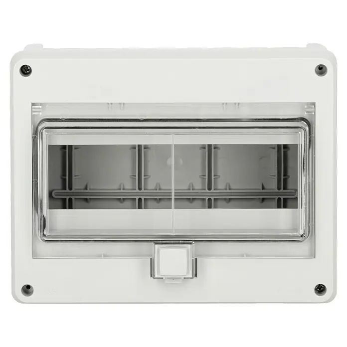 F-tronic Aufputz-Verteiler Feuchtraum - Anzahl Reihen: 1 Stk., 23 x 9 cm, Grau - Nahaufnahme einer weißen Aufputz-Feuchtraumverteilung mit transparentem Deckel, ideal für elektrische Installationen im Innenbereich.