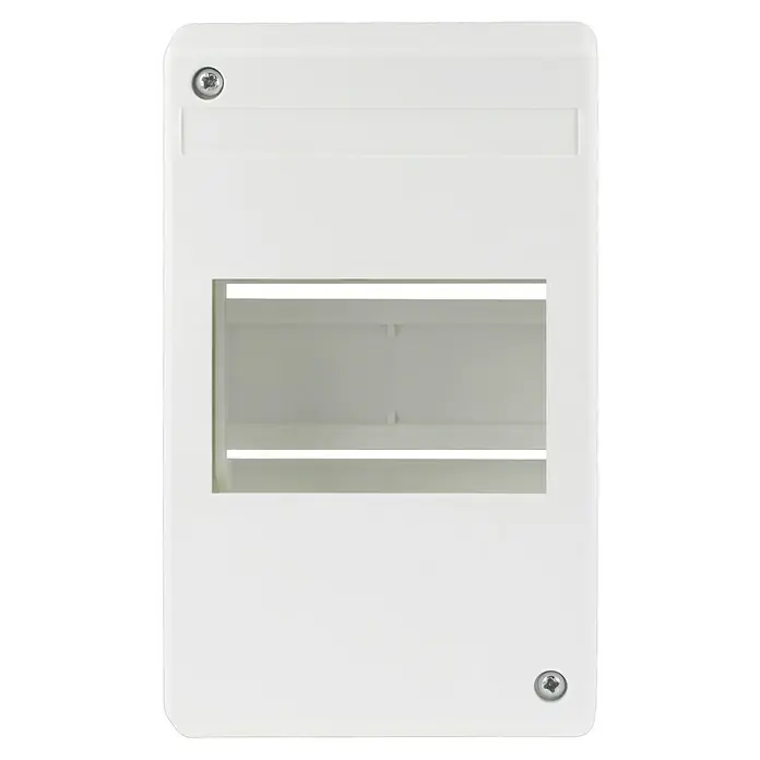 F-tronic Automatenkasten - Anzahl Reihen: 1 Stk., 9,4 x 6,5 cm, Weiß, Anzahl Module: 4 Stk. - Aufnahme eines leeren, weißen Verteilerkastens, der zur Aufnahme von elektrischen Komponenten dient und mit Schrauben fixiert ist.
