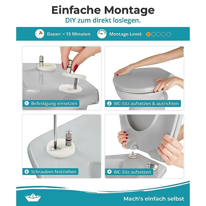 Calmwaters WC-Sitz Original - Duroplast, Grau, Mit Absenkautomatik - Bild zeigt die einfache Montage eines WC-Sitzes: Befestigung einsetzen, WC-Sitz ausrichten, Schrauben festziehen und WC-Sitz aufsetzen.
