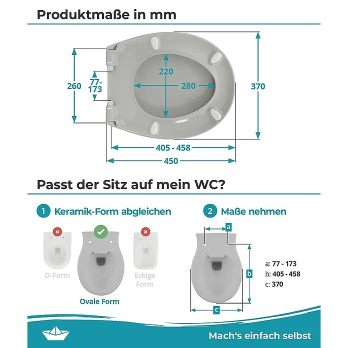Calmwaters WC-Sitz Original - Duroplast, Grau, Mit Absenkautomatik - Abmessungen der WC-Brille in mm und Hinweise zur Kompatibilität mit verschiedenen WC-Formen und -Größen.