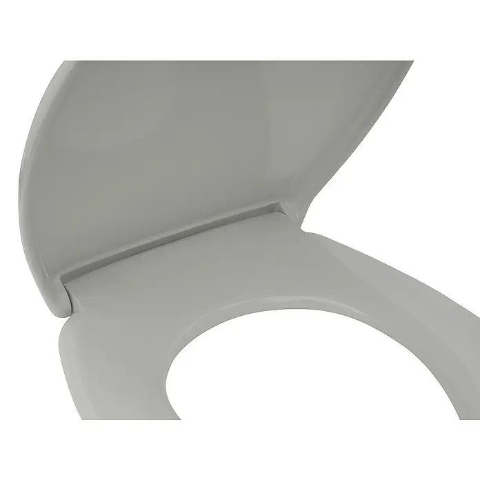 Calmwaters WC-Sitz Original - Duroplast, Grau, Mit Absenkautomatik - Nahaufnahme eines grauen WC-Sitzes mit Deckel in geöffneter Position, der die saubere und schlichte Gestaltung hervorhebt.