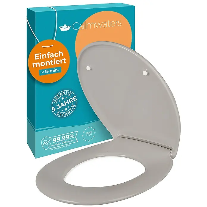Calmwaters WC-Sitz Original - Duroplast, Grau, Mit Absenkautomatik - Grauer Calmwaters WC-Sitz mit der Produktverpackung, die eine 5-Jahres-Garantie und einfache Montage bewirbt.