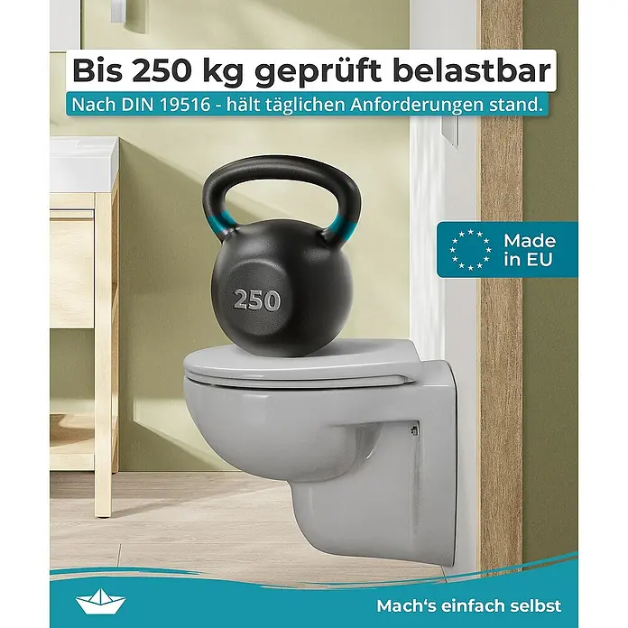 Calmwaters WC-Sitz Original - Duroplast, Grau, Mit Absenkautomatik - Bild von einer Toilette, die mit einem 250-kg-Gewicht belastet ist, was ihre Robustheit und Haltbarkeit hervorhebt.
