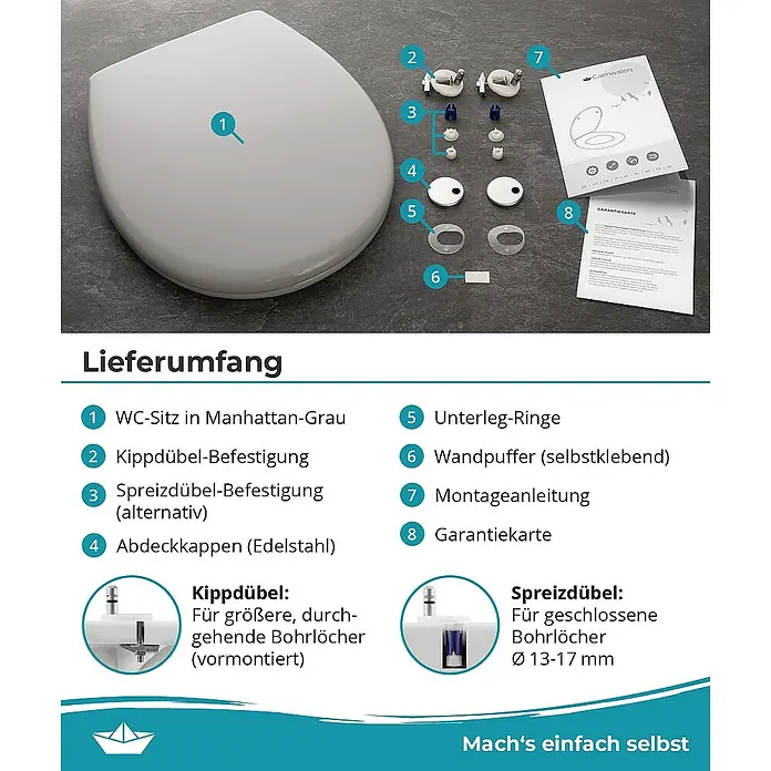 Calmwaters WC-Sitz Original - Duroplast, Grau, Mit Absenkautomatik - Bild einer WC-Sitzgarnitur in Manhattan-Grau mit Befestigungsmaterial, Montageanleitung und Garantiekarte, ideal für jedes Badezimmer.