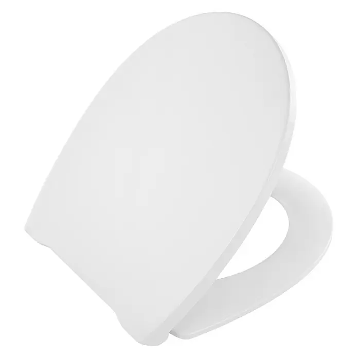 Calmwaters Kinder WC-Sitz Family - Duroplast, Weiß - Das Bild zeigt einen weißen Toilettensitz mit Deckel, der leicht geöffnet ist und eine elegante, ovale Form aufweist.
