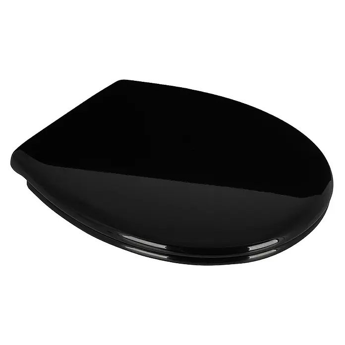 Calmwaters WC-Sitz Original - Duroplast, Schwarz, Mit Absenkautomatik - Nahaufnahme eines glänzenden, schwarzen Toilettensitzes, der auf einer ebenen Fläche liegt und Lichtreflexionen auf seiner Oberfläche zeigt.