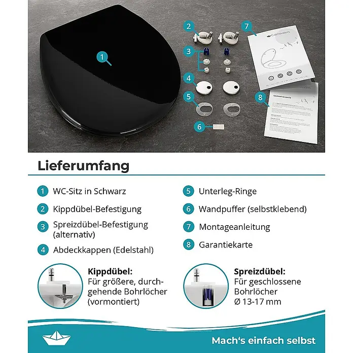 Calmwaters WC-Sitz Original - Duroplast, Schwarz, Mit Absenkautomatik - Schwarzer WC-Sitz mit Zubehör: Kippdübel, Spreizdübel, Abdeckkappen, Unterlegringe, Wandpuffer, Montageanleitung und Garantiekarte.