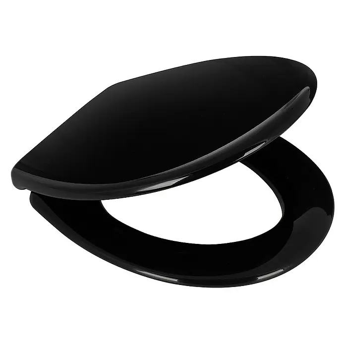 Calmwaters WC-Sitz Original - Duroplast, Schwarz, Mit Absenkautomatik - Nahaufnahme eines glänzenden, schwarzen Toilettensitzes, der einen eleganten und modernen Touch für jedes Badezimmer verspricht.