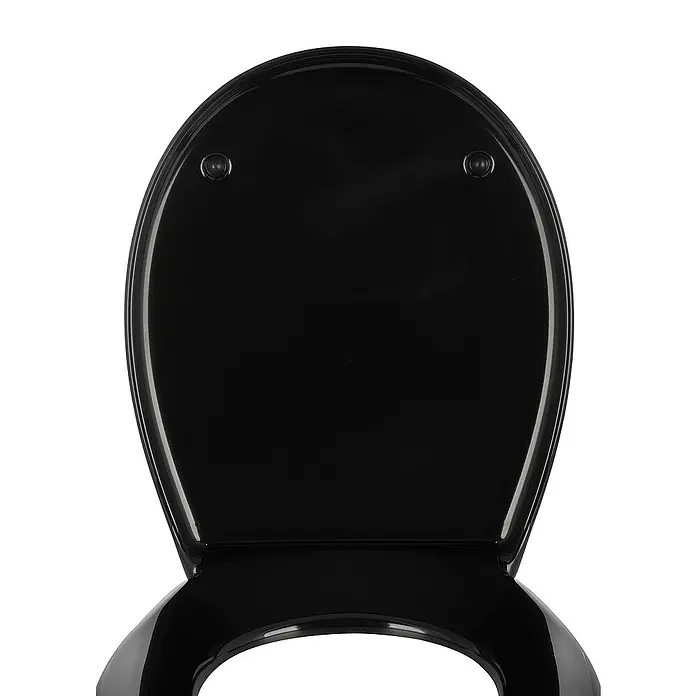 Calmwaters WC-Sitz Original - Duroplast, Schwarz, Mit Absenkautomatik - Nahaufnahme eines schwarzen Toilettensitzes, der ein elegantes und modernes Design mit einer glänzenden Oberfläche präsentiert.